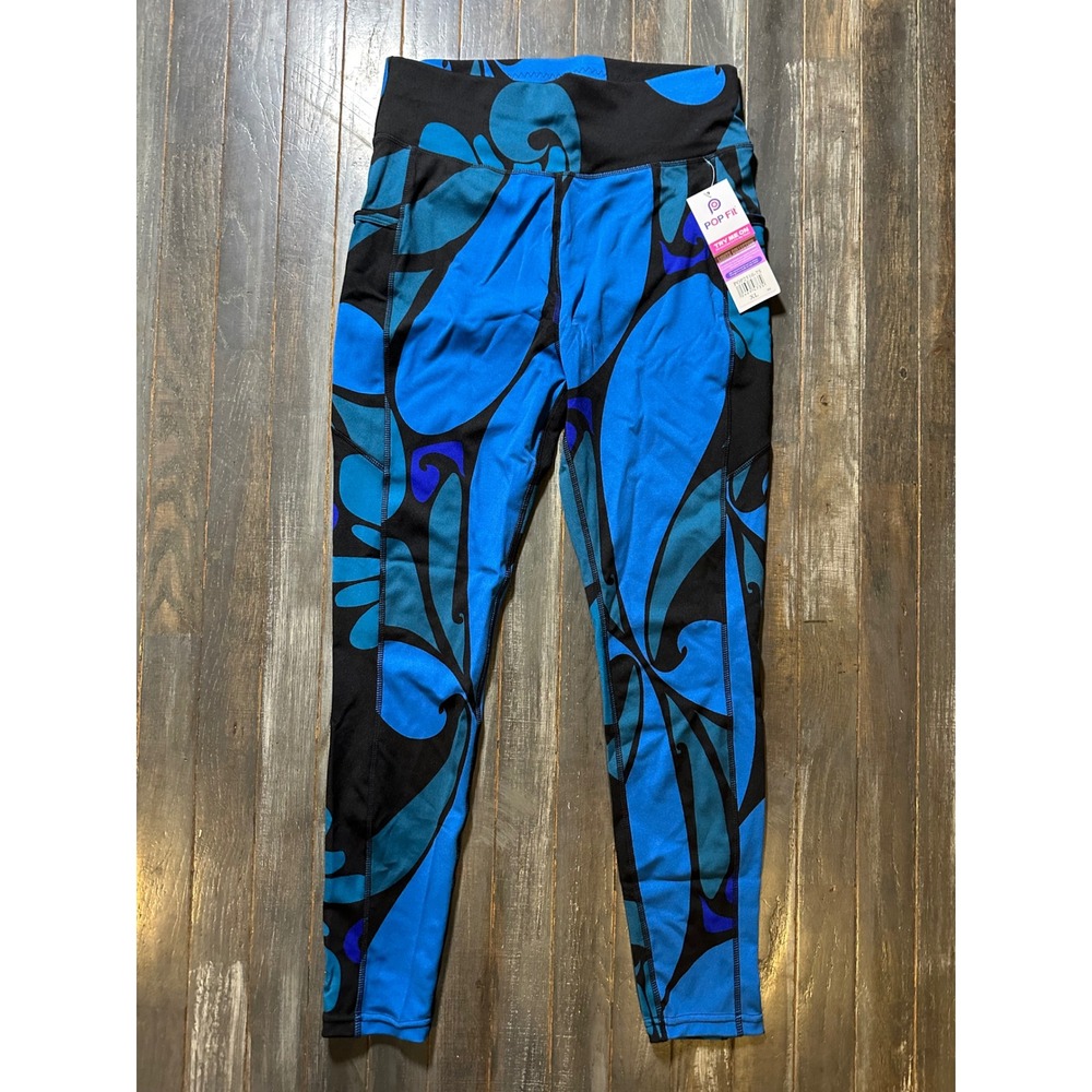 Pop Fit Women Blue Black Floral Abstract High Waist Activewear Leggings